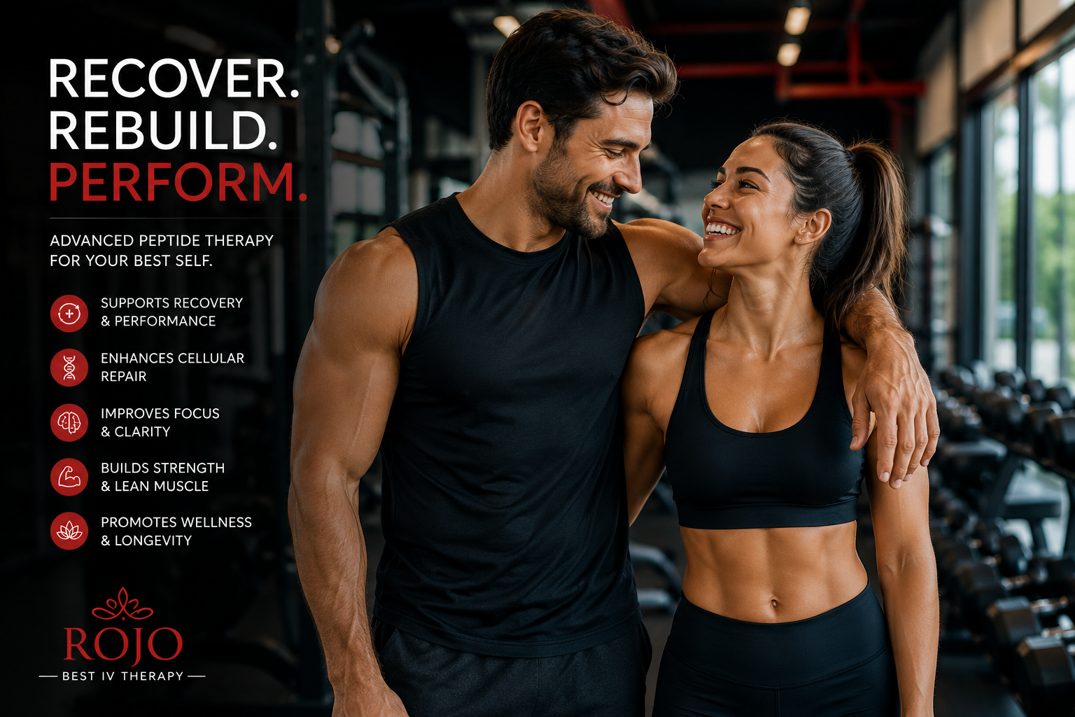 Fit, athletic couple in the gym representing peptide therapy for recovery and performance