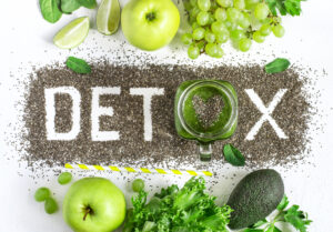 Image of the word detox made from chia seeds surrounded by healthy foods